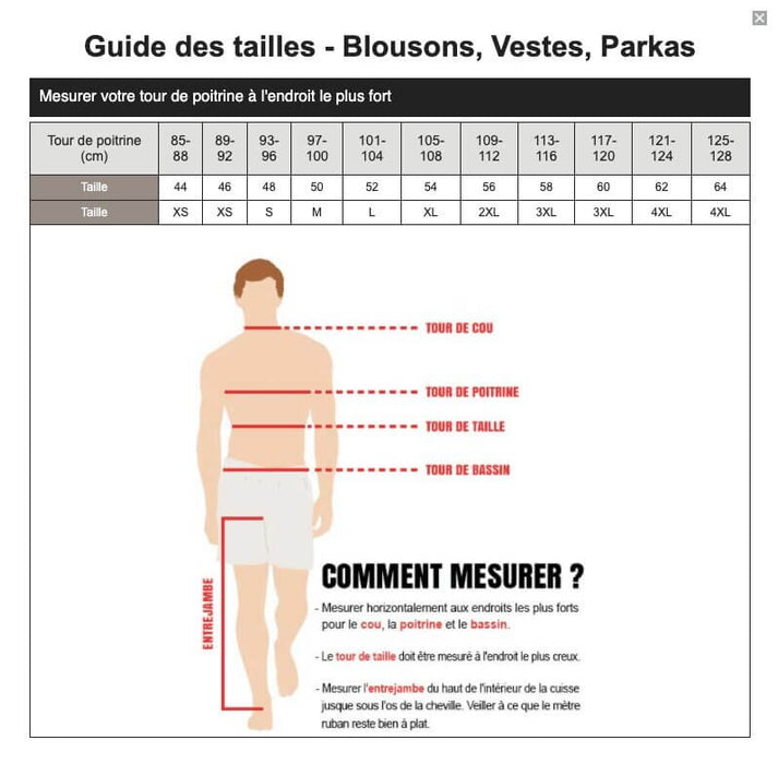 guide des tailles Chemise de Combat Armée Française