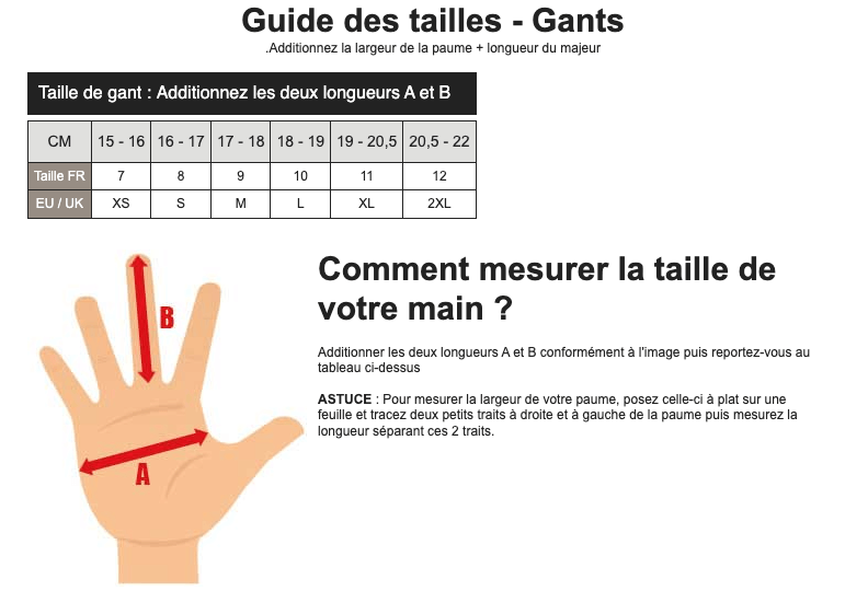 guide des tailles des Gants Tactique Police